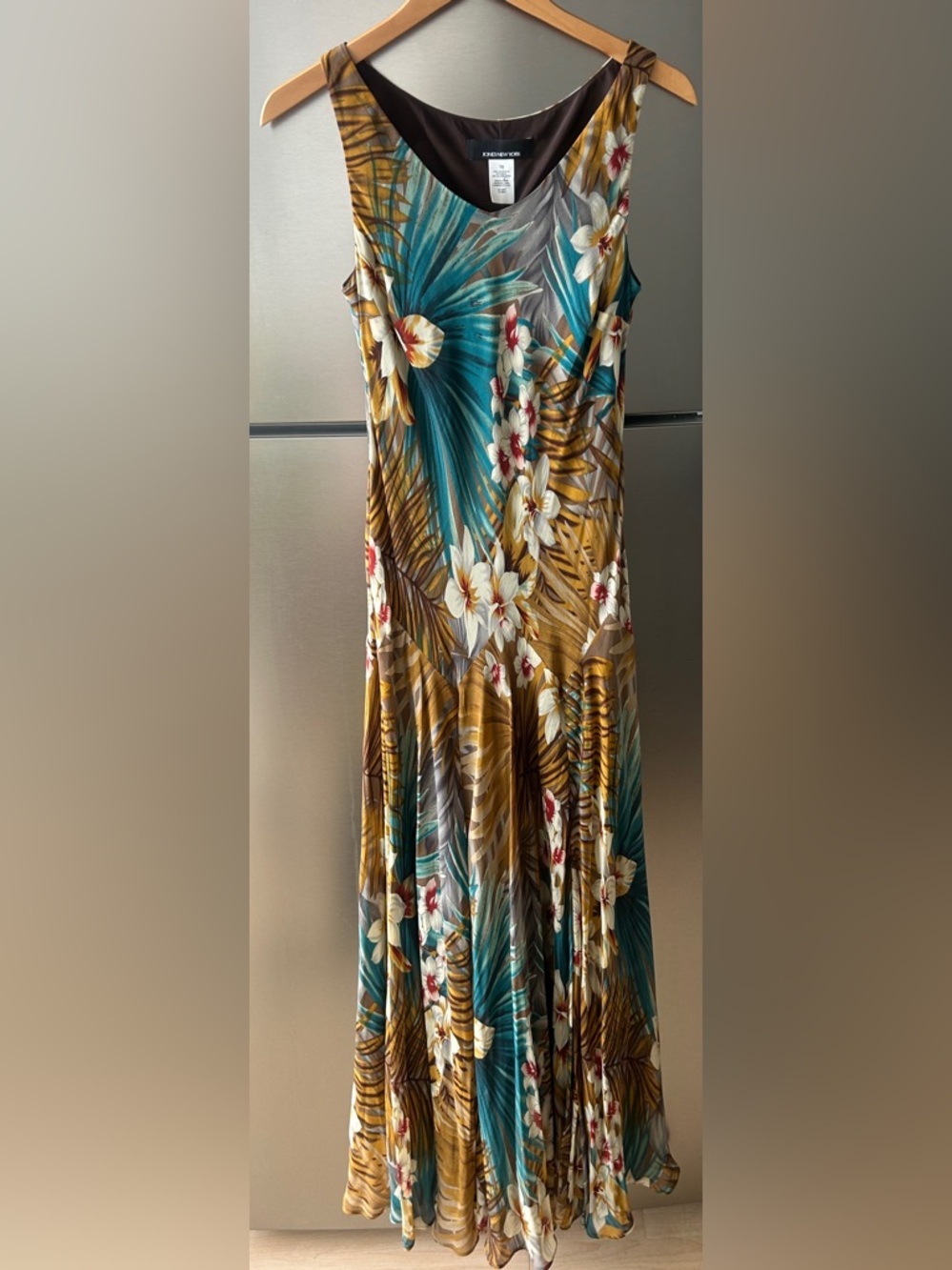 Jones New York 100% Silk Tropical Floral Dress Size 10 Midi Maxi Resort Vacation